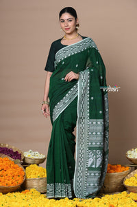 Thumbnail for Very Much Indian Rajsi - Handloom Pure Cotton Saree with Hand-embroidered Symmetric Border - Green - Distacart