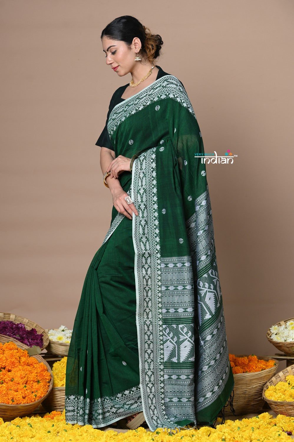 Very Much Indian Rajsi - Handloom Pure Cotton Saree with Hand-embroidered Symmetric Border - Green - Distacart