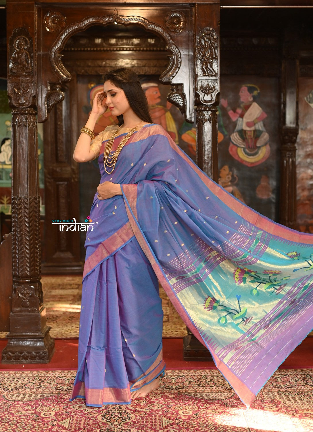 Buy Authentic Handloom Pure Cotton Paithani with Handcrafted Swan Pallu~  Marine Blue - Very Much Indian – verymuchindian.com