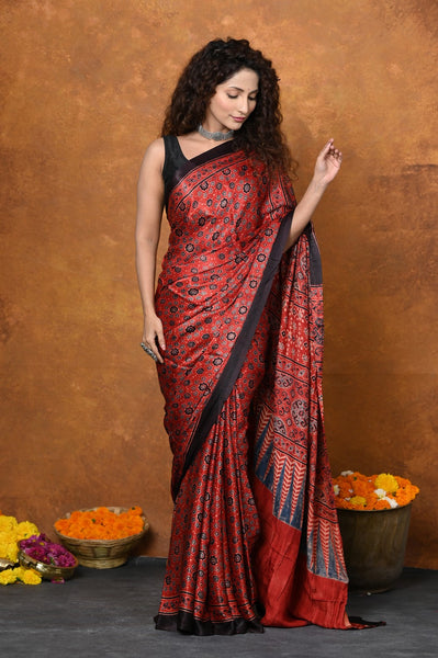 Very Much Indian Handloom Modal Silk Saree With Ajrakh Handblock Print With Eco-Friendly Vegetable Dye - Red - Distacart