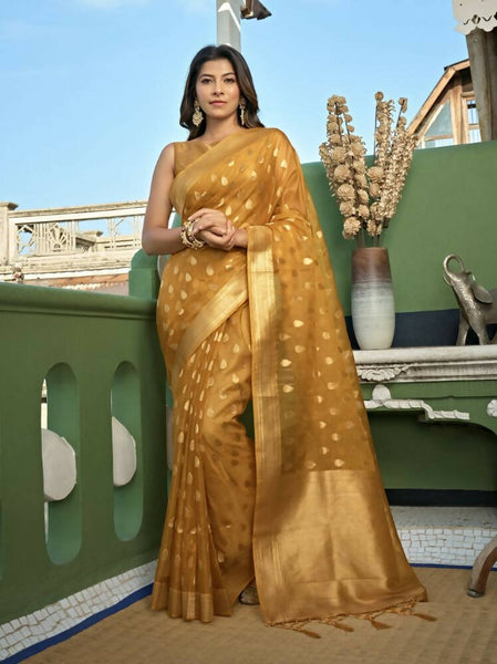 Delightful Designer Light Yellow Color Organza Silk Saree With Weaving Work - Yomika Fashions - Distacart