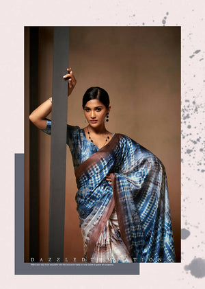 Navy Blue and Yellow Digital Print Satin Saree – nirshaa