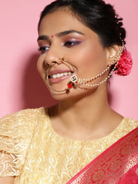 Thumbnail for Gold-Plated White Red Kundan-Studded Pearl Beaded Nosepin - Ruby Raang - Distacart