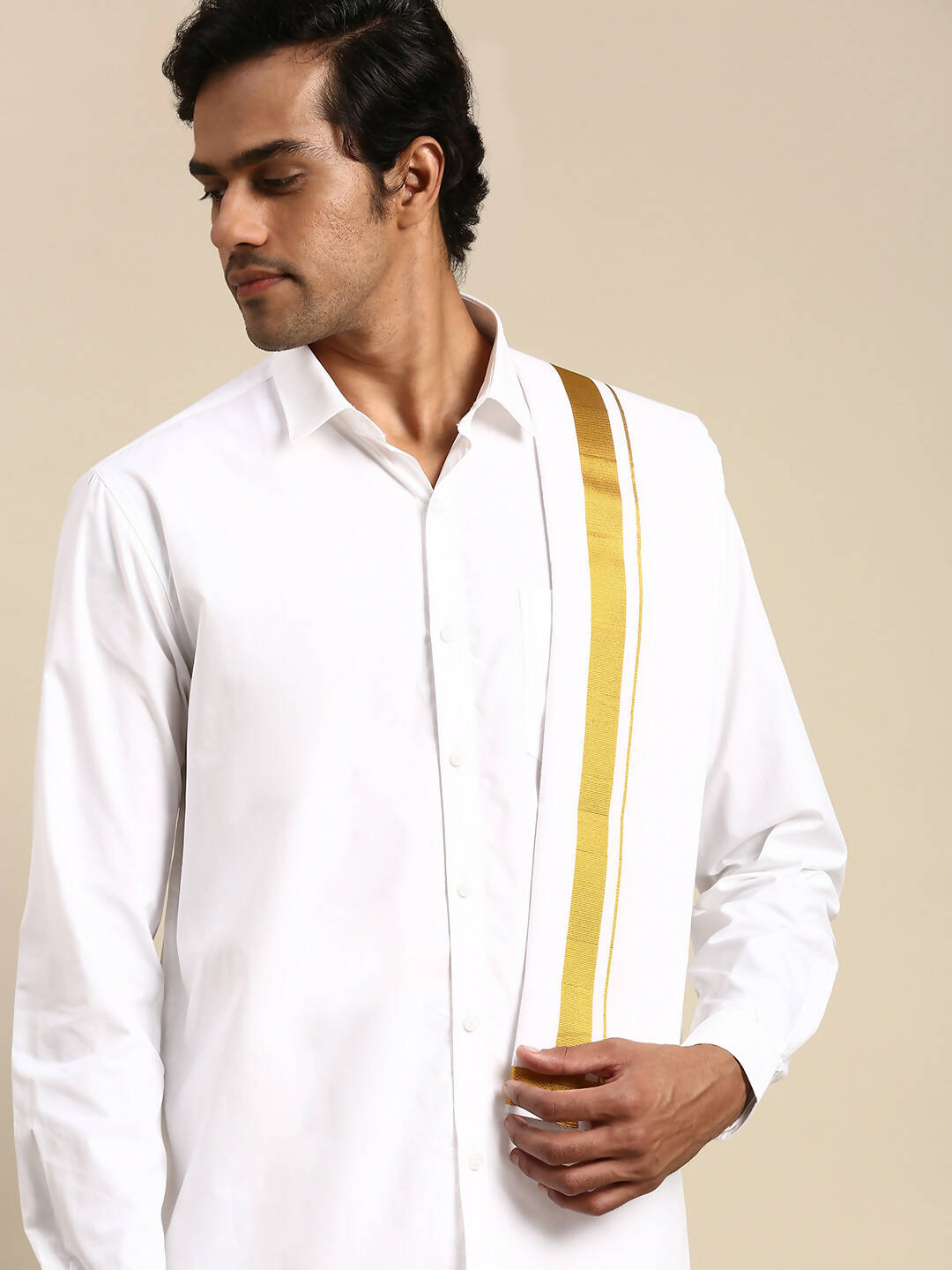 Ramraj Cotton Mens Wedding White Regular Dhoti, Shirt & Towel Set Subhakalyan 1" - Distacart