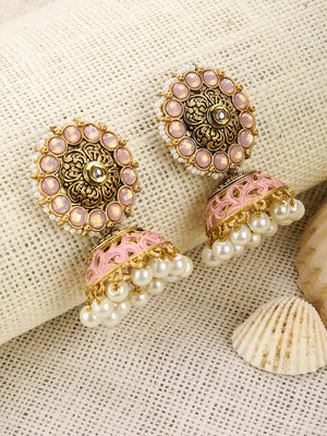 Bahaar meenakari Chandbali earrings-Pink – Rohika Store