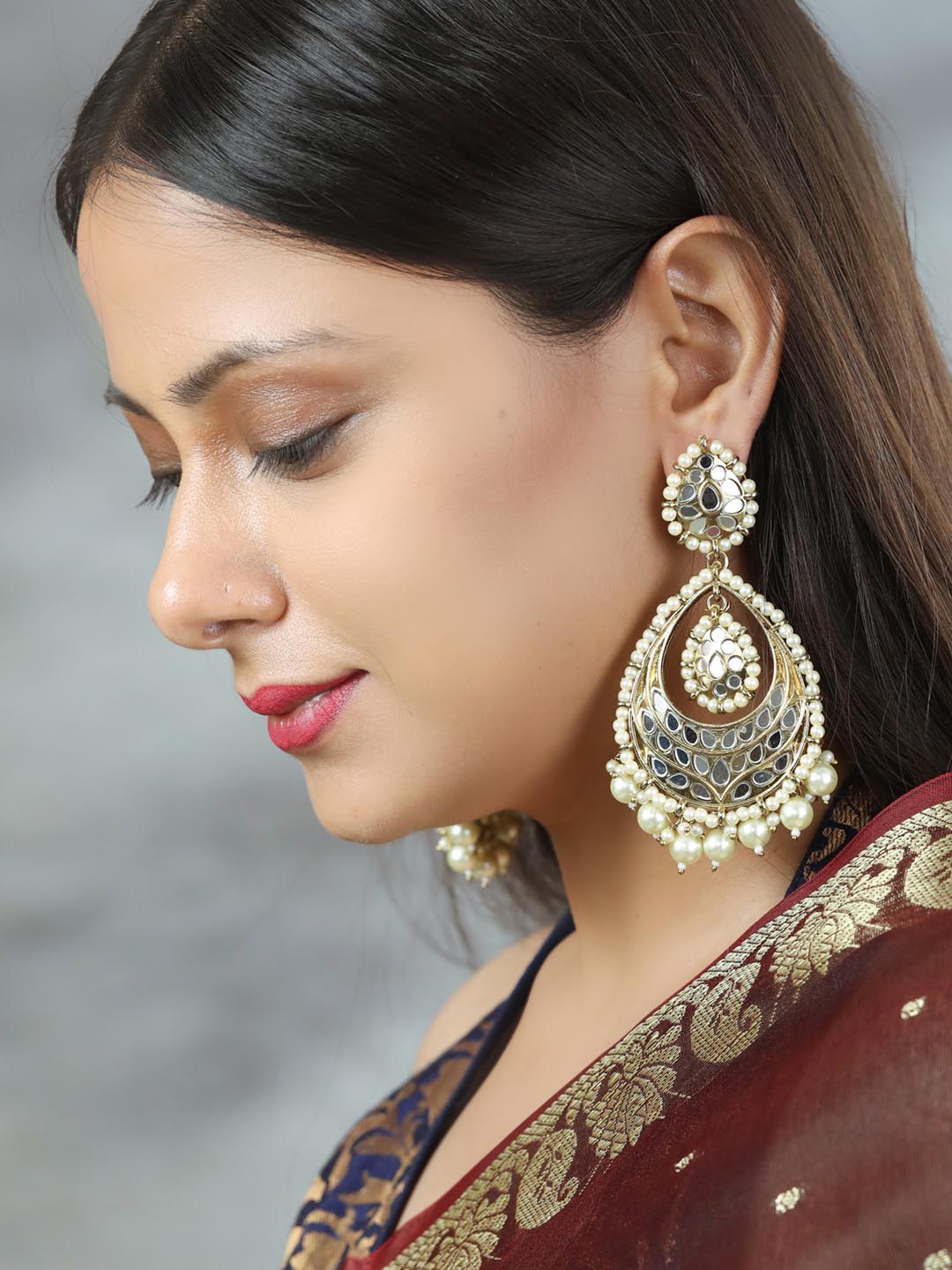 Chand Bali Style Golden Earrings with Dangling Pearls #29638 | Buy Chandbali  Earrings Online