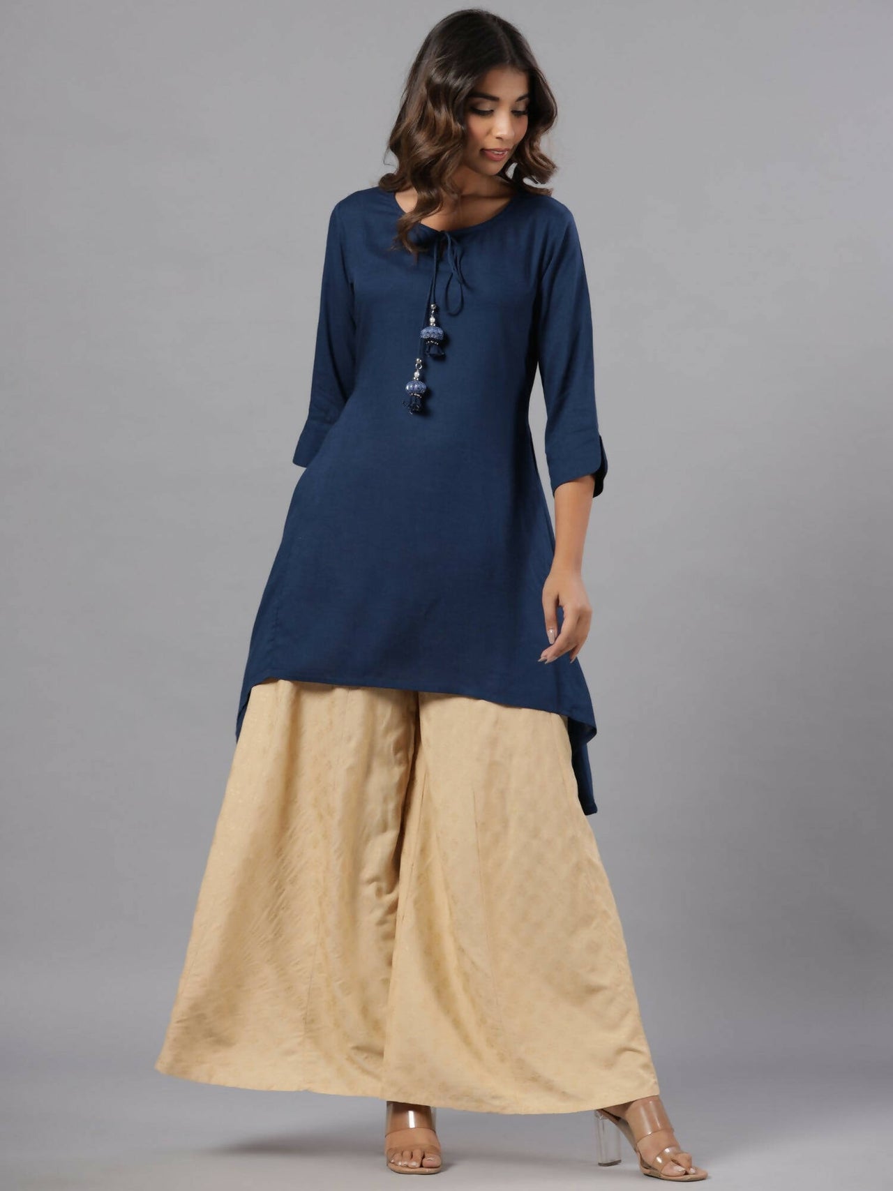 Juniper Women Indigo Rayon Solid Asymmetric Kurta - Distacart