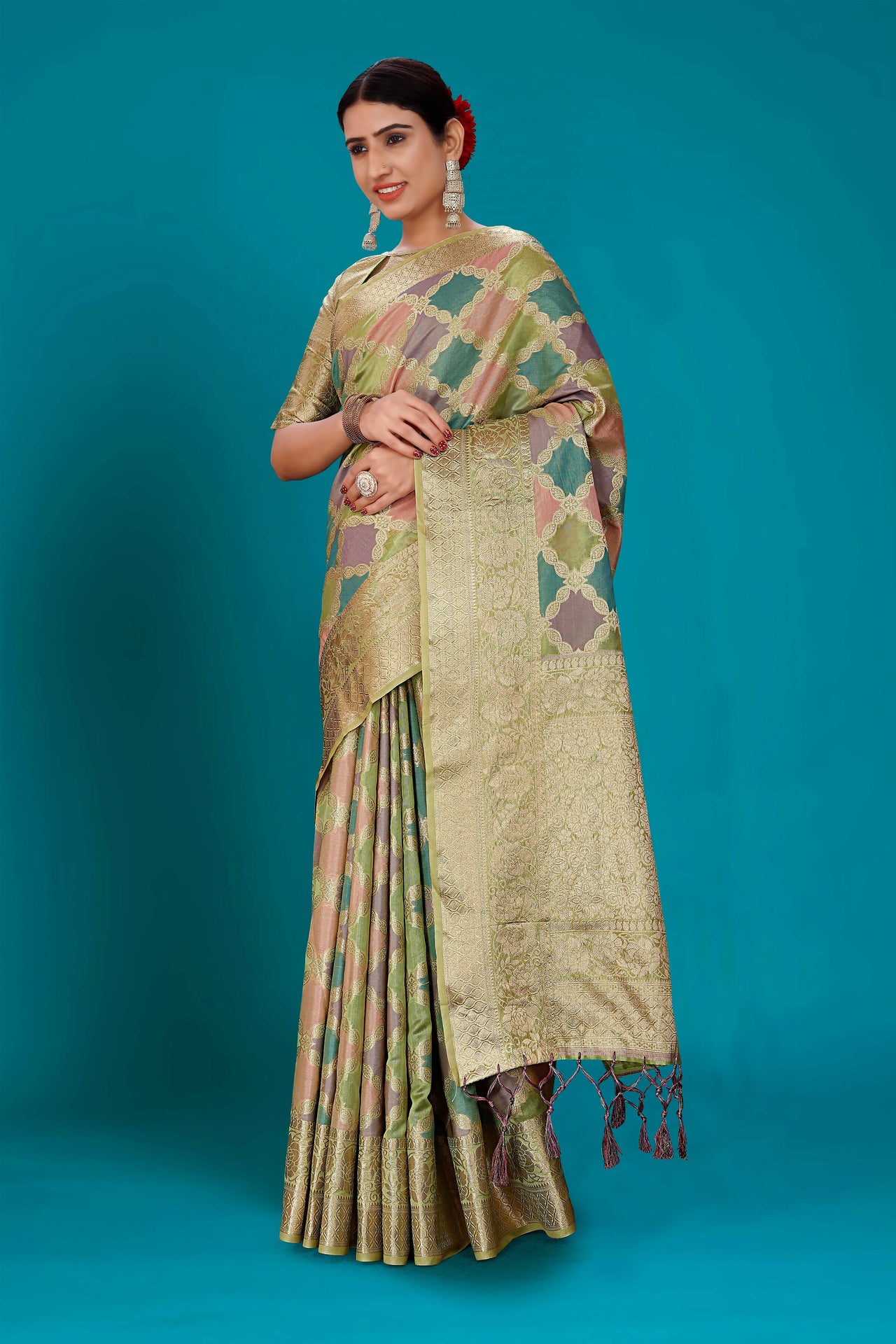 Green Soft Organza Woven Design Saree with Unstitched Blouse Piece - Zaara - Distacart