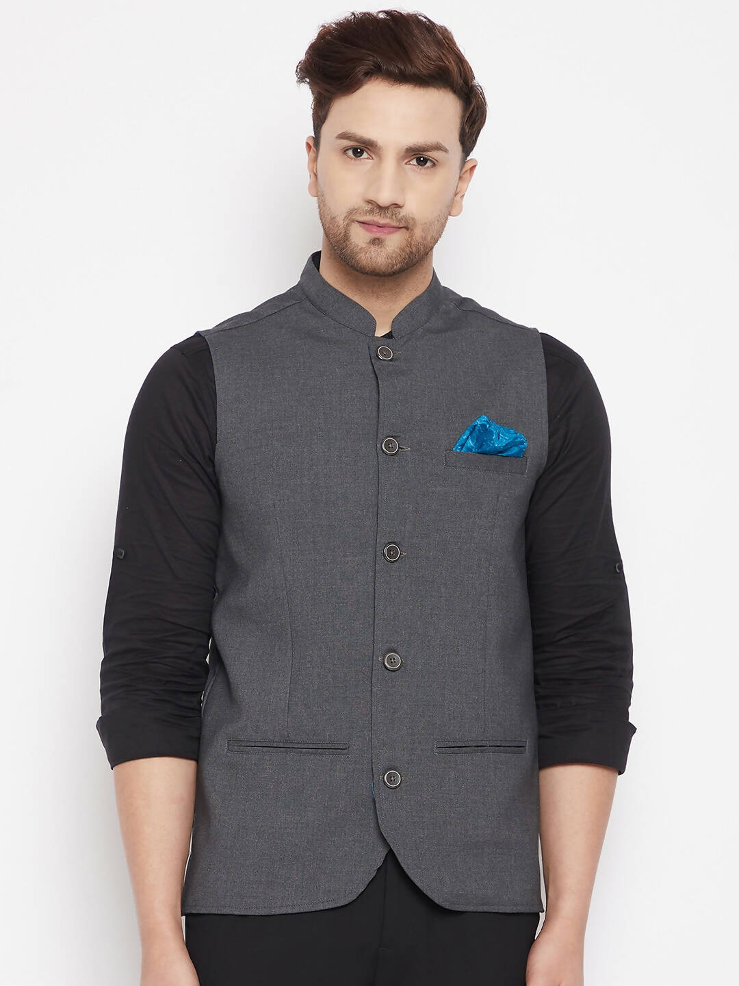 Even Apparels Grey Merino Men's Nehru Jacket-Contrast Lining-Free Pocket Square PW691 - Distacart