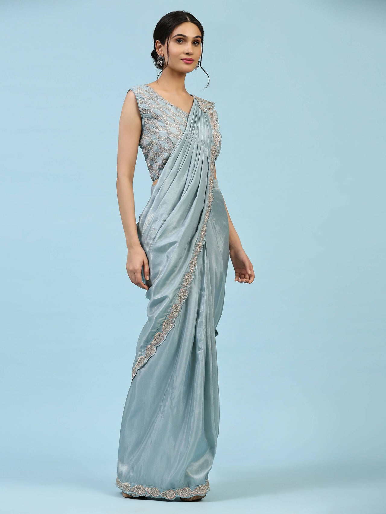 Sky Blue Silk Satin Plain Ready to wear Saree with stitched Blouse - Vrinda - Distacart