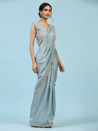 Thumbnail for Sky Blue Silk Satin Plain Ready to wear Saree with stitched Blouse - Vrinda - Distacart