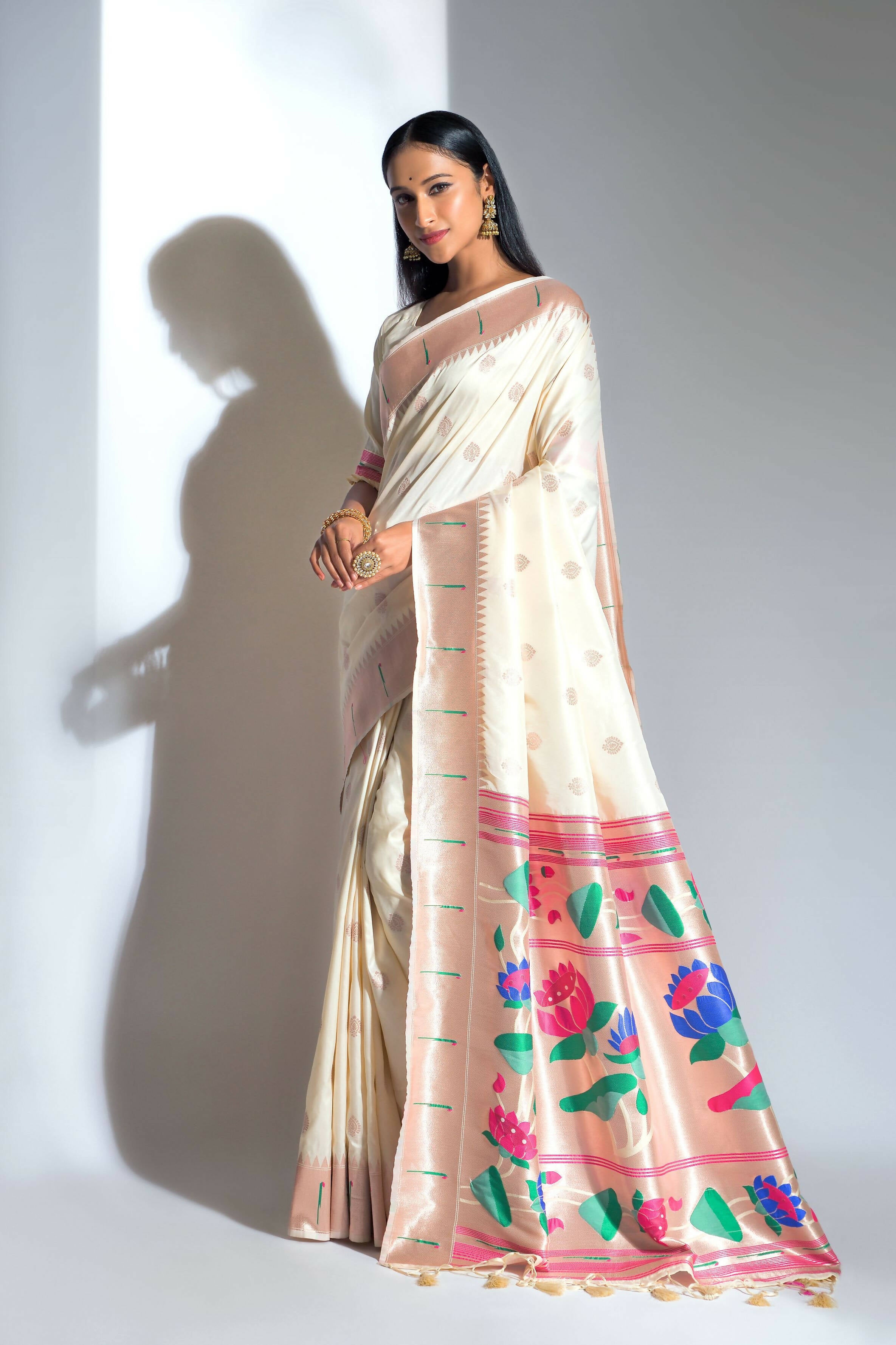 Blended Silk Paithani Saree in Clay White and Red | Bengal Looms