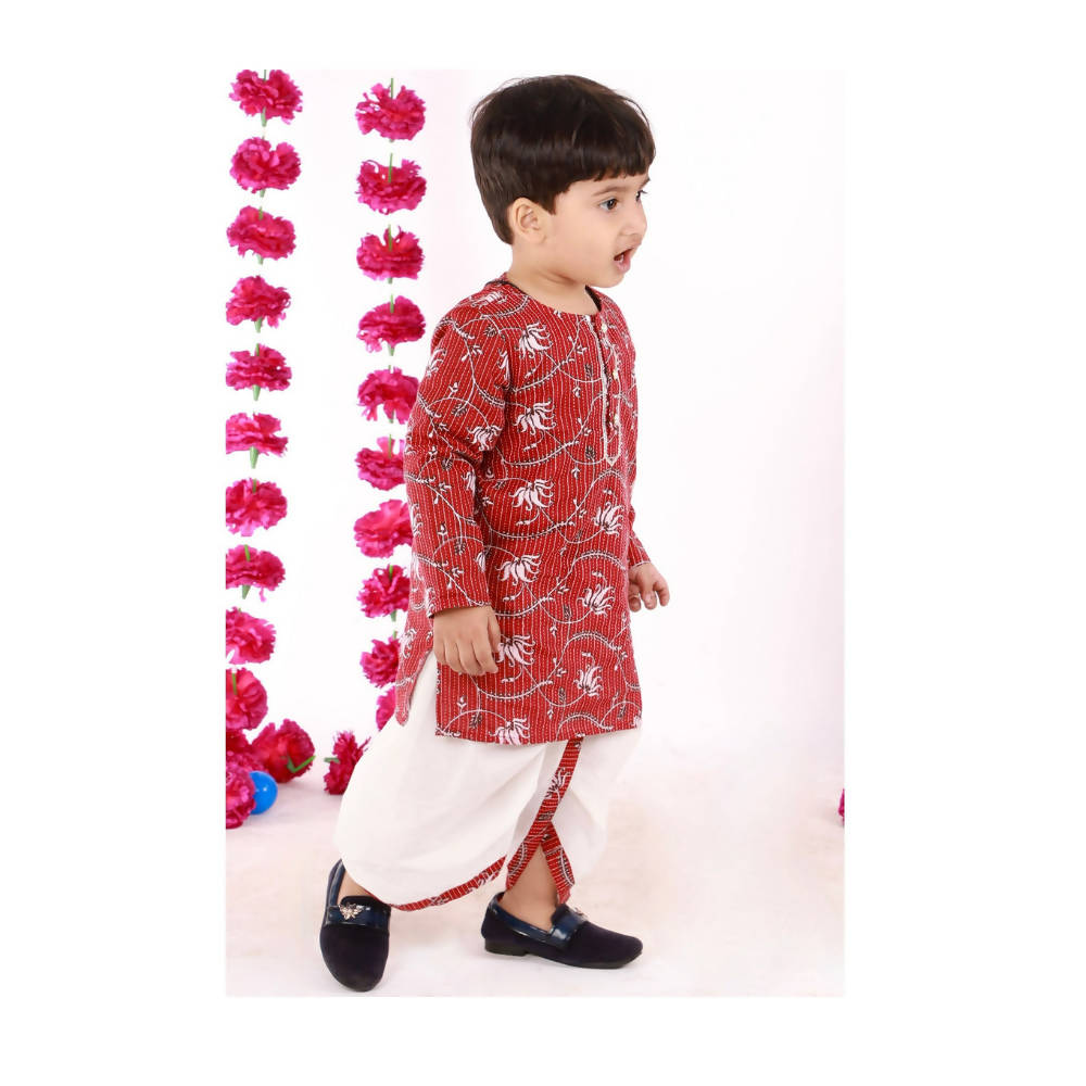 Buy Cream Cotton Hand Embroidered Floral Frock Kurta Sharara Set For Girls  by Little Bansi Online at Aza Fashions.