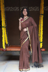 Thumbnail for Very Much Indian Pure Cotton Handloom Saree With Intricate Borders - Brown - Distacart