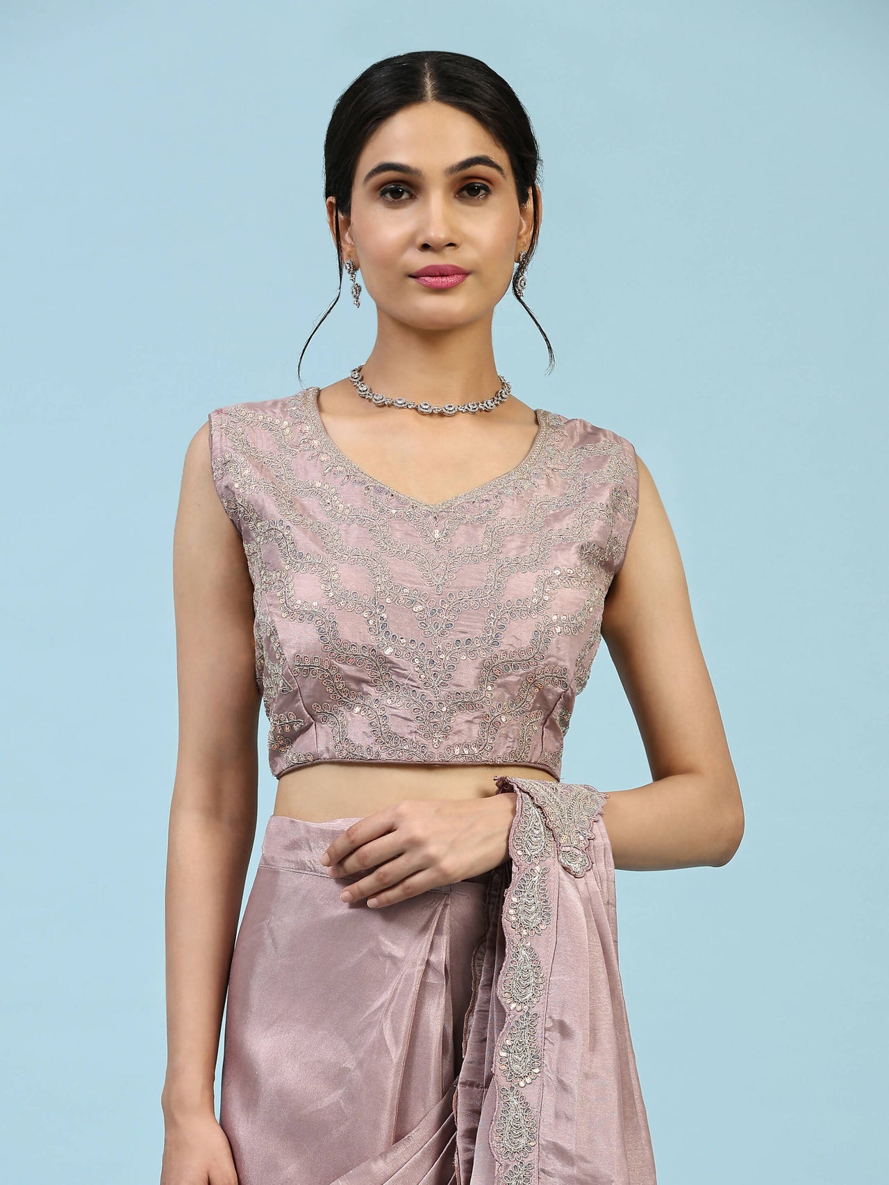 Lavendar Silk Satin Plain Ready to wear Saree with stitched Blouse - Vrinda - Distacart