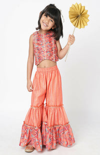 Thumbnail for Lil Drama Golden Weaves Orange Crop Top With Palazzo Co-Ordinate Set - Distacart