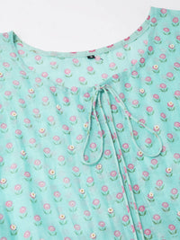 Thumbnail for Sea Green Cotton Solid Flared Dress with Printed Shrug - Yukti - Distacart