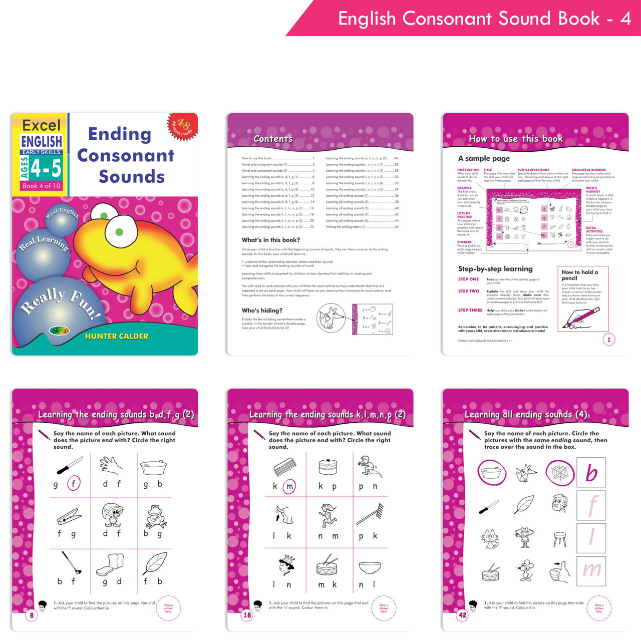 Excel English Early Skills Ages 4 - 5 Years (Set of 3) | Beginning, Ending Consonant & Vowel Sound Books for Junior KG - Distacart