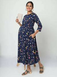 Thumbnail for Manet Three Fourth Maternity Dress Floral Print With Concealed Zipper Nursing Access - Navy Blue - Distacart