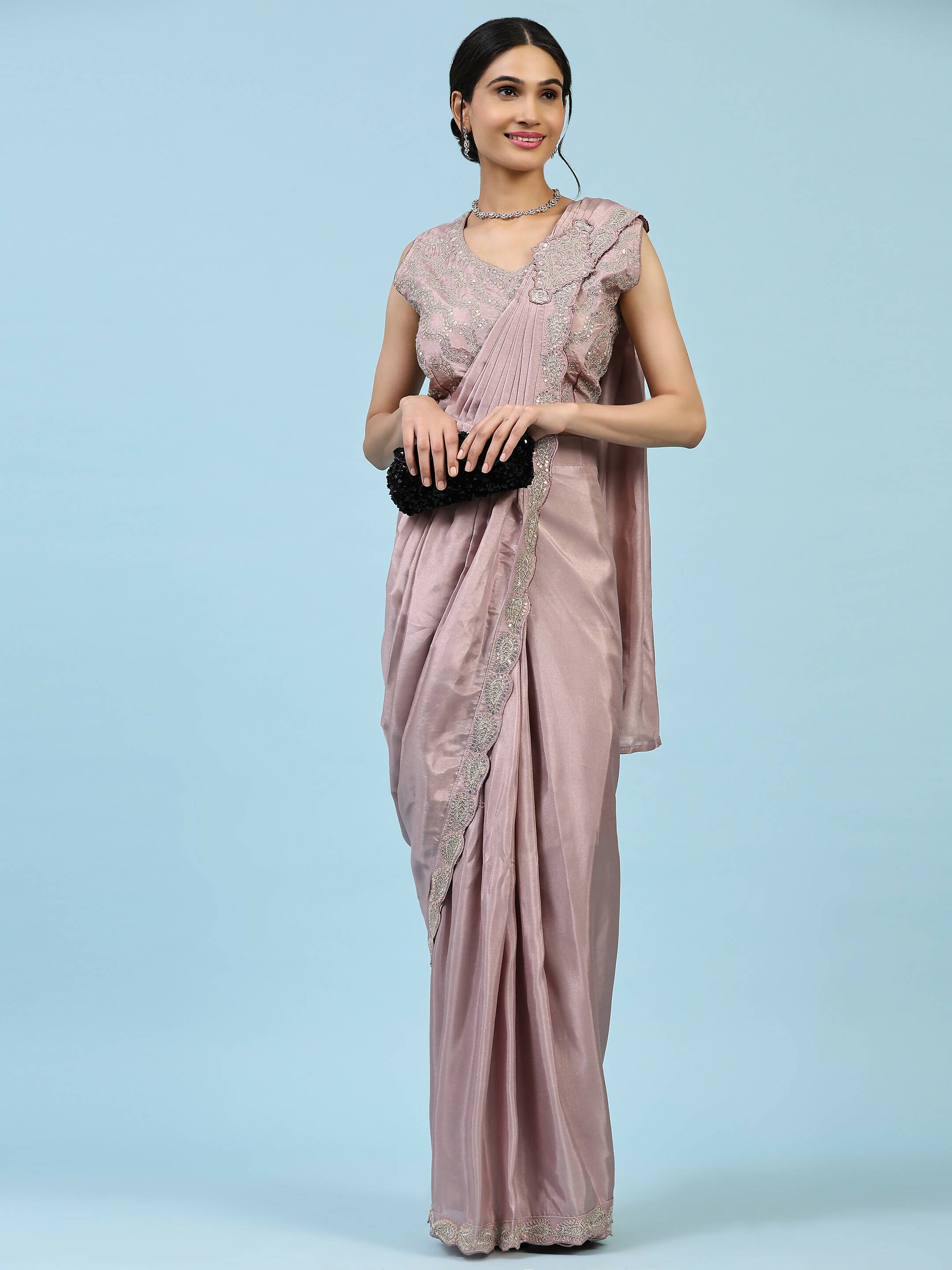 Light Pink Saree Sari With Stitched Blouse Ready to Wear Silk