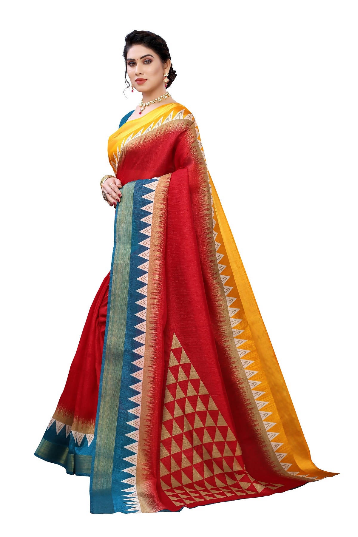 Vamika Red & Blue Linen Jari Border Saree (GUNJAN RED) - Distacart