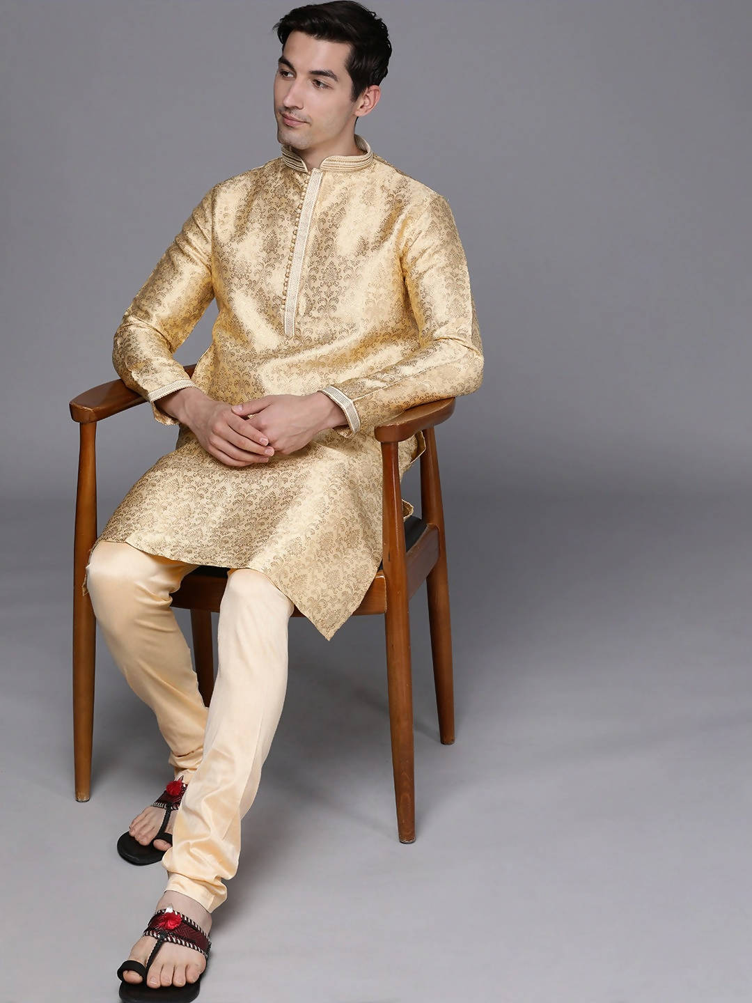 Manyavar Men Beige Ethnic Motifs Woven Design Kurta with Churidar - Distacart