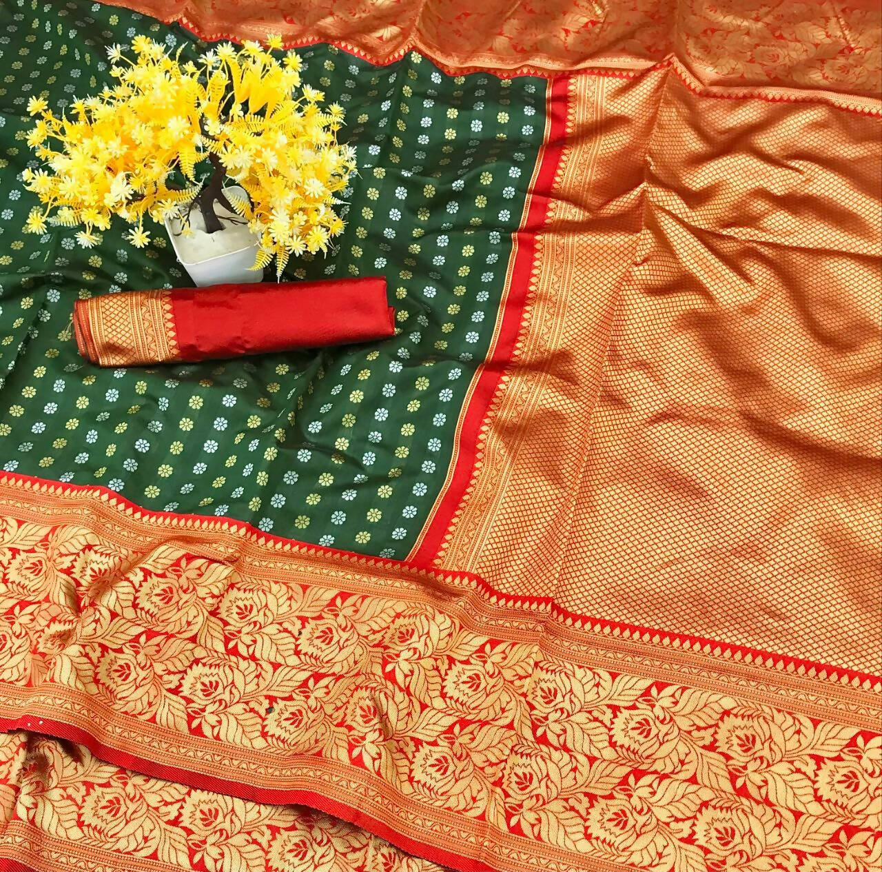 DEIANA'S Beautiful Golden Jari with New Design Soft Lichi Silk Saree - Green - Distacart