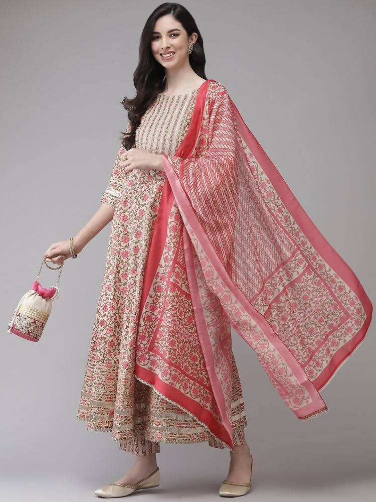 Yufta Women Pink Printed Kurta with Trouser and Dupatta Set