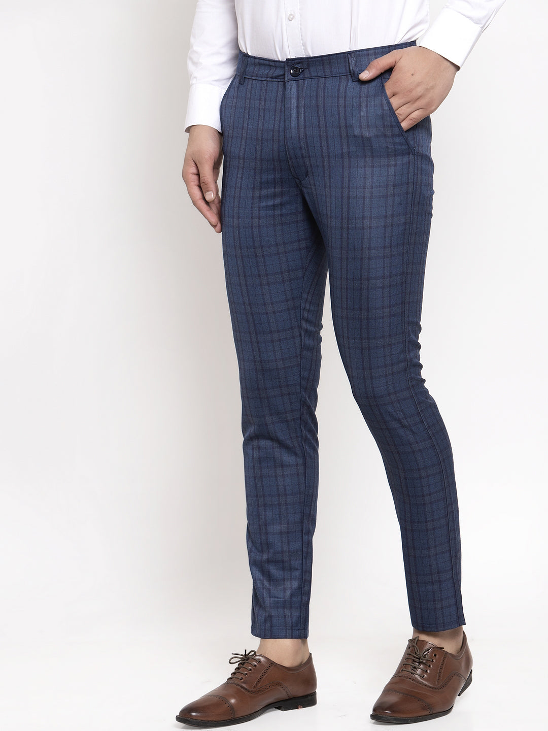 Sojanya Since 1958 Mens Cotton Blend Beige  Green Checked Formal  Trousers