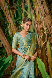 Thumbnail for Aastha Fashion Women's Firozi Kanchipuram Silk Zari Woven Saree with Blouse - Distacart