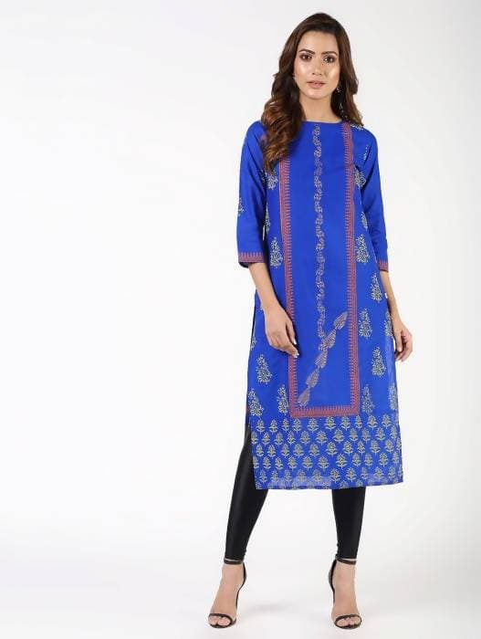 Aniyah Cotton Block Printed Straight Kurta Blue (AN-140K)