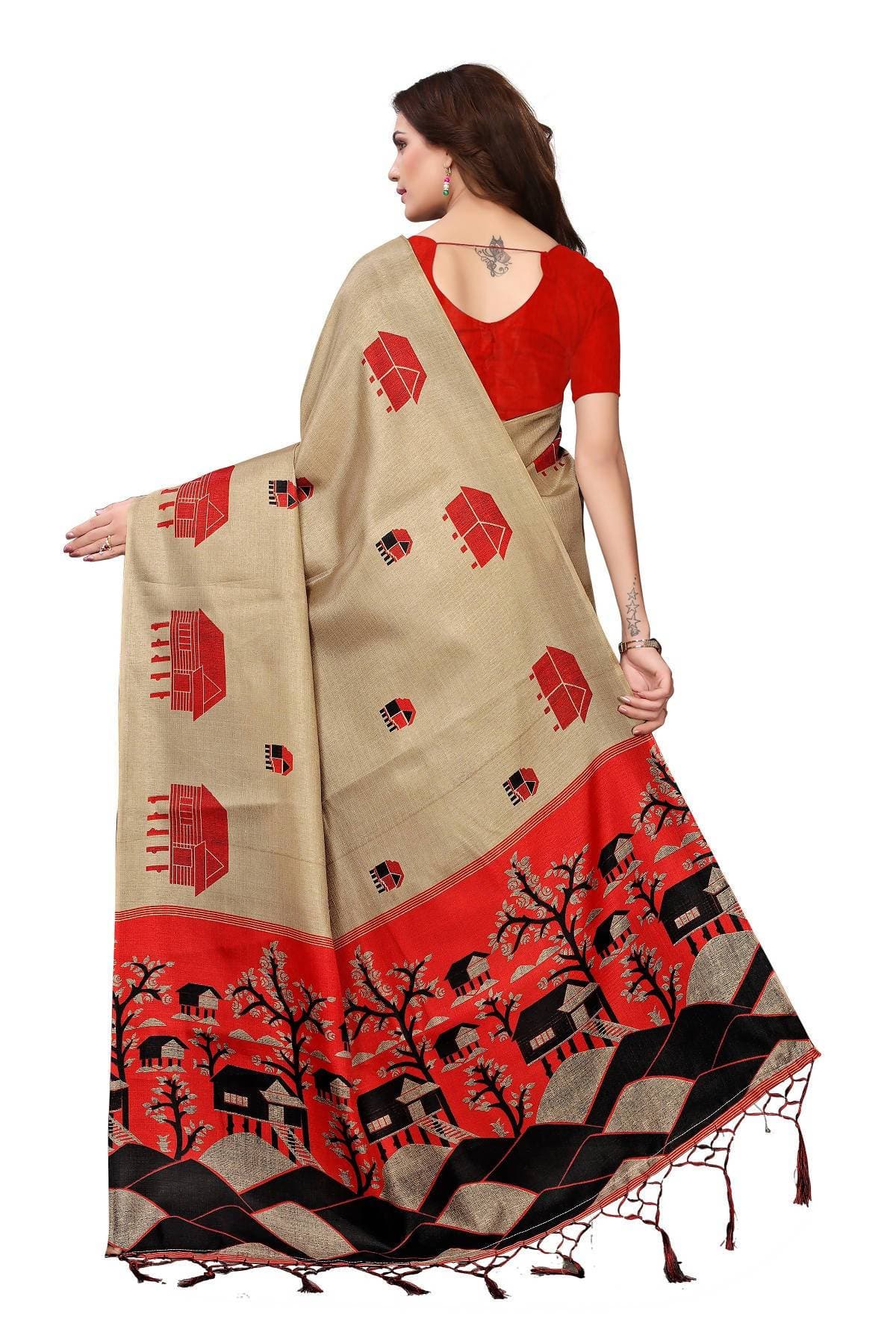 Vamika Traditional Chiku & Red Kalamkari With Jhalar Khadi Silk Saree