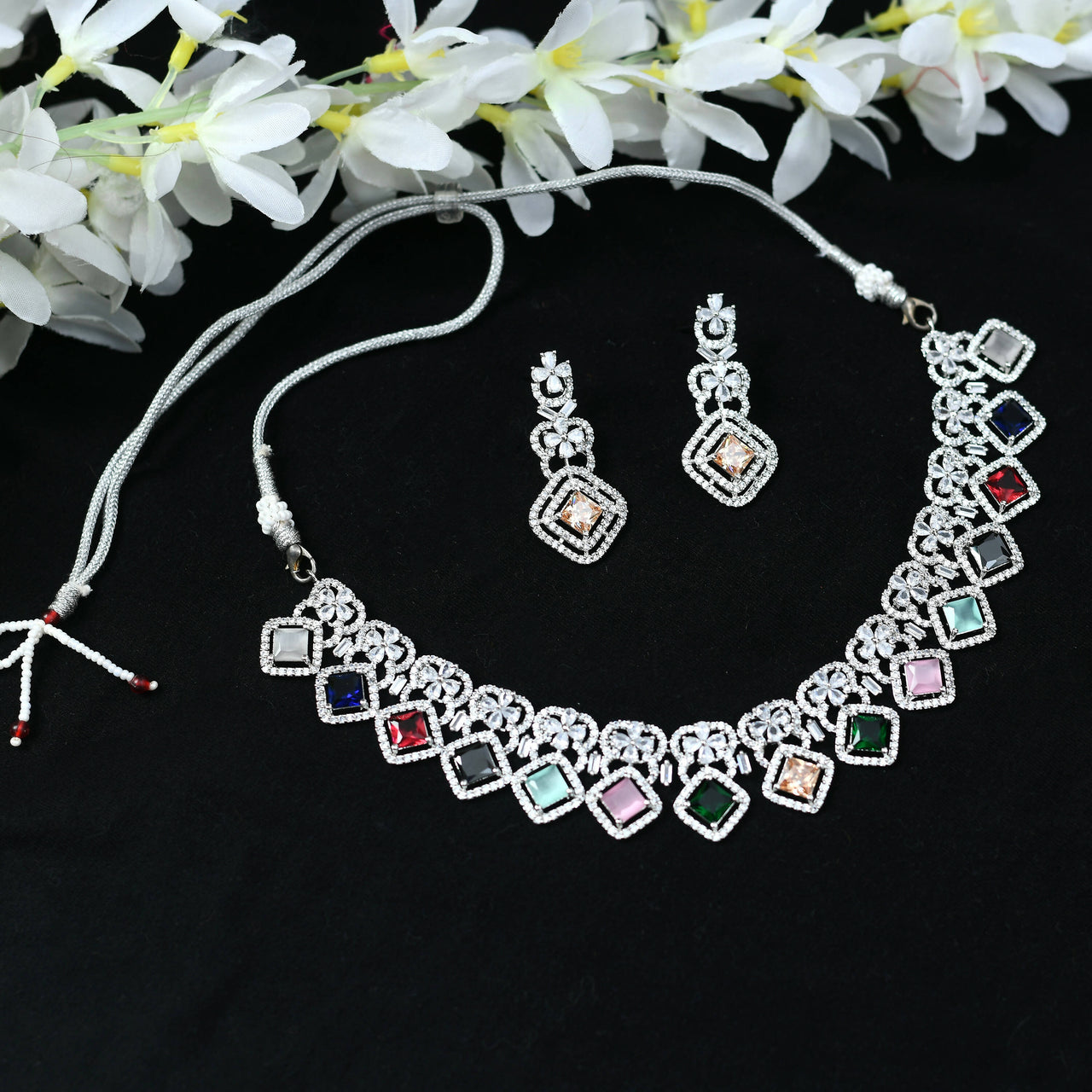 Mominos Fashion Johar Kamal Women Silver-Plated American Diamond Multi Colour Choker Set - Distacart