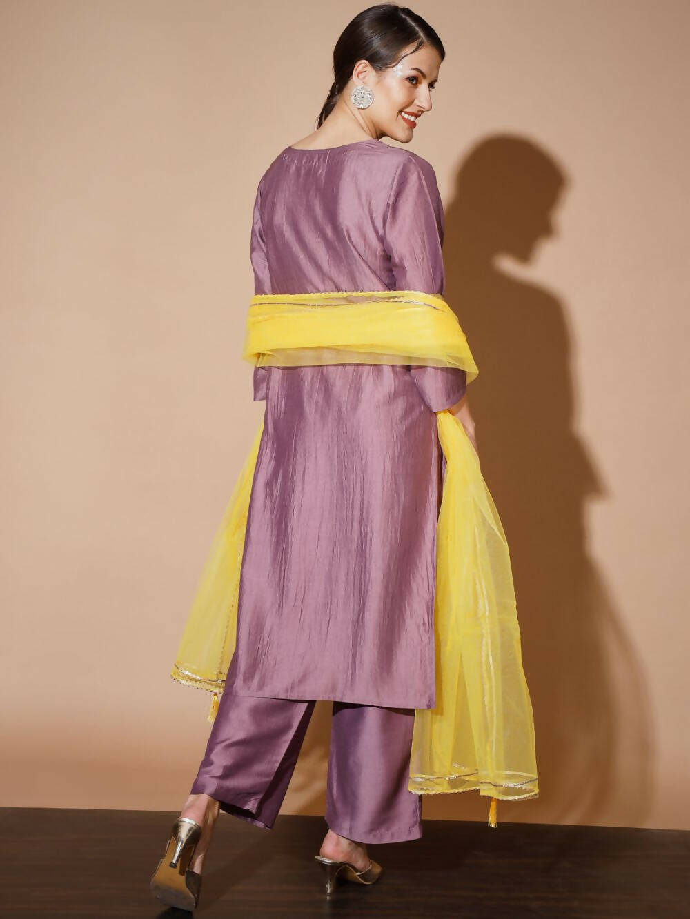 Myshka Mauve Solid Kurta & Palazzos With Dupatta - Distacart