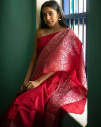 Thumbnail for DEIANA'S Beautiful Golden Jari with New Design Soft Lichi Silk Saree - Red - Distacart