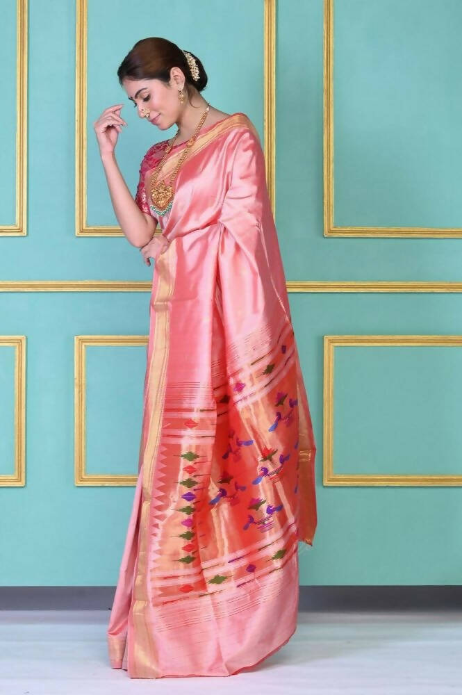 Very Much Indian Traditional Pretty Peach Pure Silk Double Pallu Paithani With Designer Peacocks Pallu - Distacart