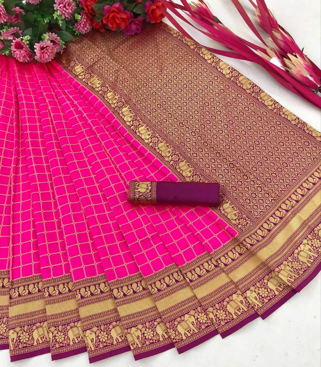 DEIANA'S Beautiful Golden Jari with New Design Soft Lichi Silk Saree - Pink - Distacart