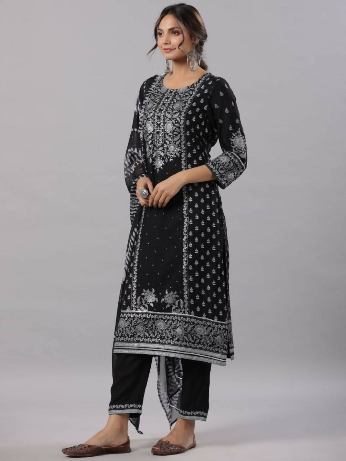 Juniper Women Black Rayon Staple Kalamkari Printed Kurta, Pants and Dupatta Set - Distacart