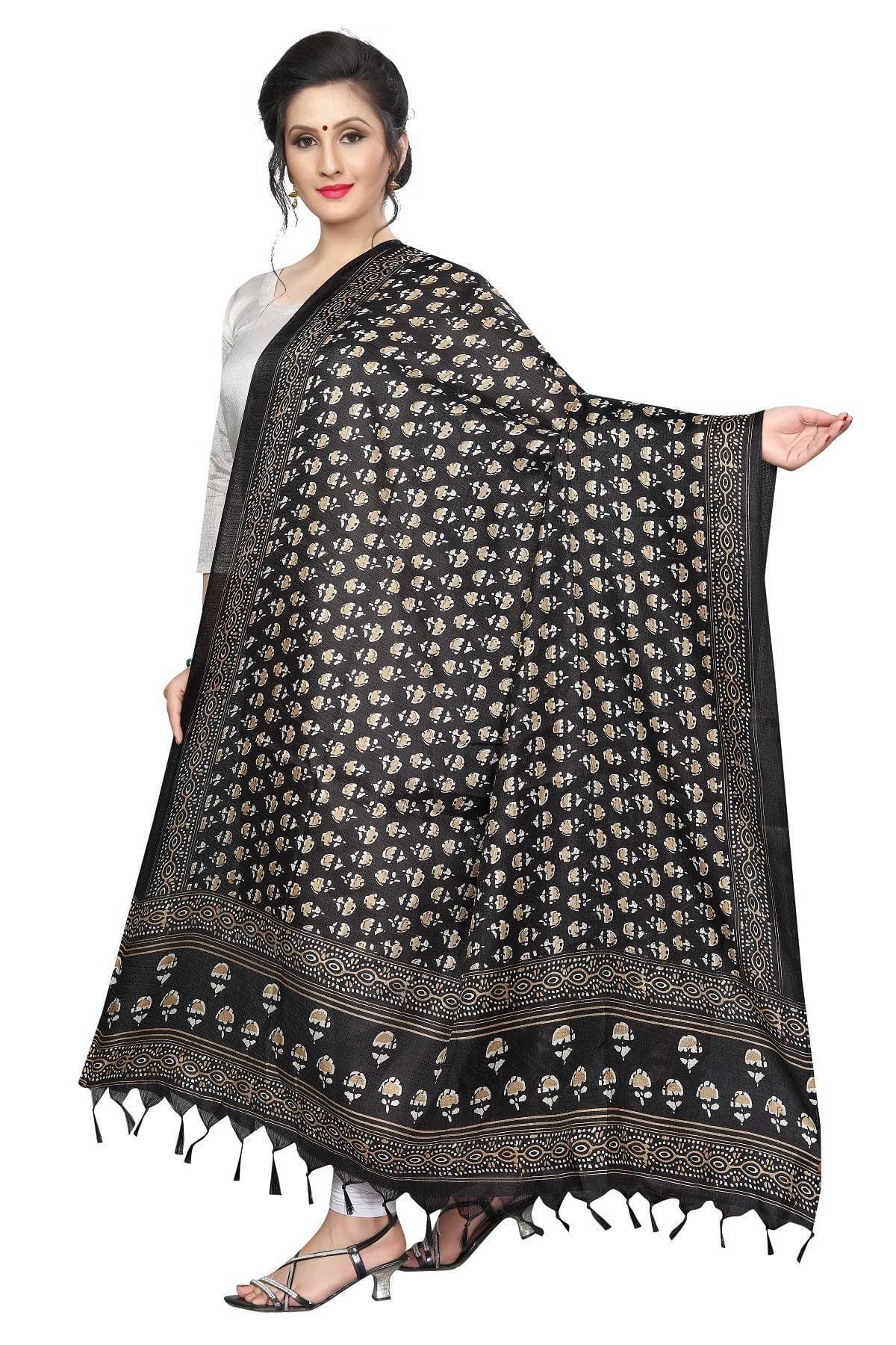 Vamika Latest Fashion Black Printed Khadi Bhagalpuri Dupatta For Girls