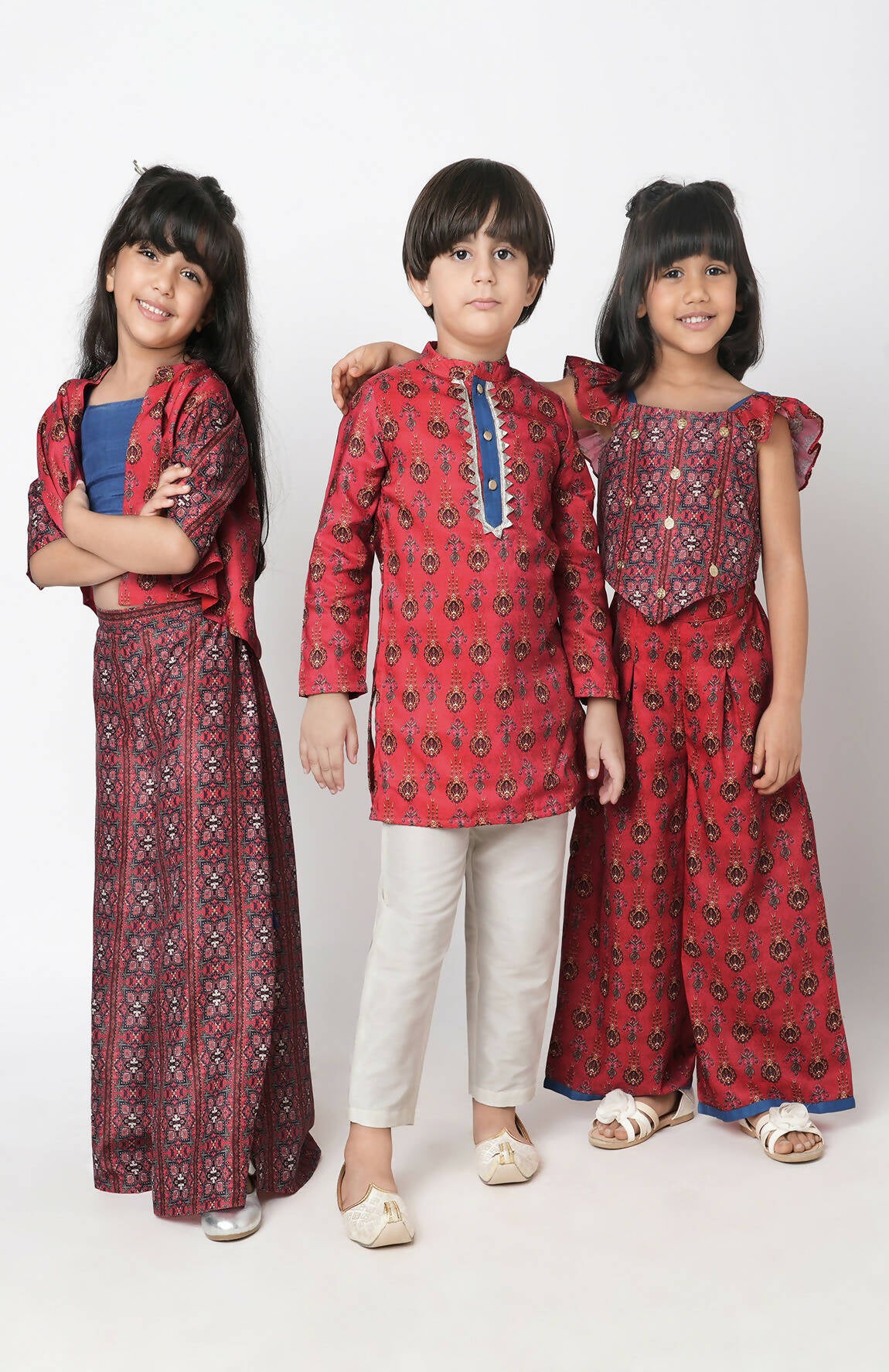 Lil Drama Ethnic Twist Girls Red Print Box Pleat Pant With Top Co-Ordinate Set - Distacart