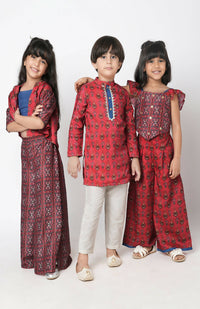 Thumbnail for Lil Drama Ethnic Twist Girls Red Print Box Pleat Pant With Top Co-Ordinate Set - Distacart