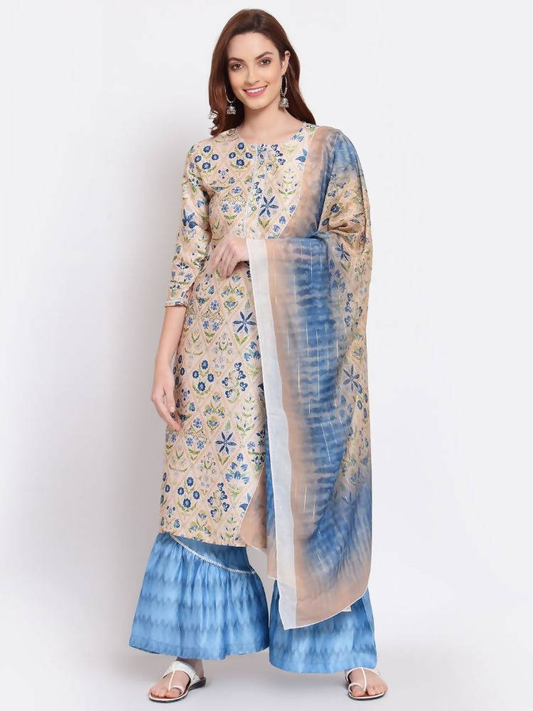 Myshka Women's Multi Color Printed Cotton Blend 3/4 Sleeve Round Neck Casual Kurta Palazzo Dupatta Set