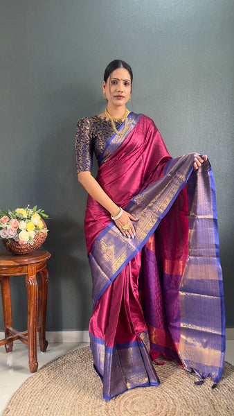Malishka Banarasi Silk Ready To Wear Saree With Blouse Piece - Pink & blue - Distacart