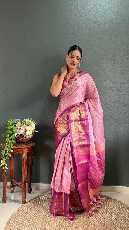 Malishka Banarasi Silk Ready To Wear Saree With Blouse Piece - Pink & wine - Distacart