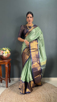 Thumbnail for Malishka Banarasi Silk Ready To Wear Saree With Blouse Piece - Pista & blue - Distacart