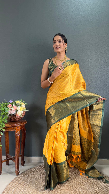 Malishka Banarasi Silk Ready To Wear Saree With Blouse Piece - Yellow & green - Distacart