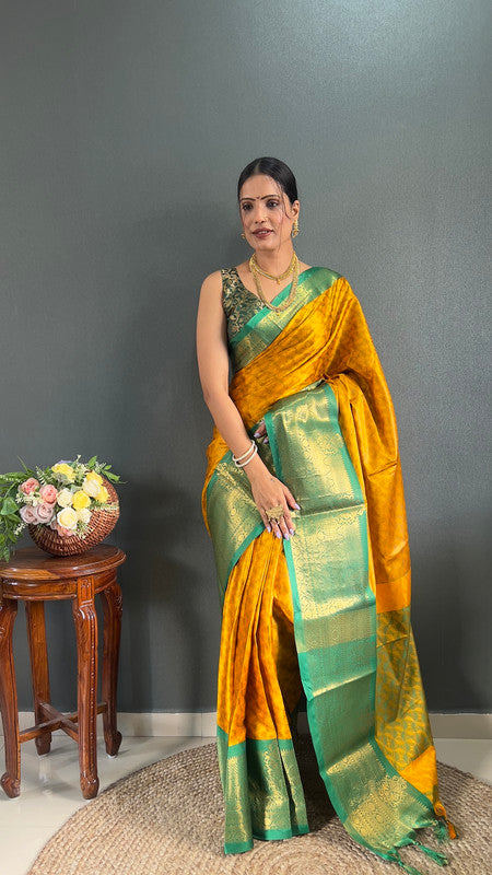 Malishka Banarasi Silk Ready To Wear Saree With Blouse Piece - Yellow & green - Distacart