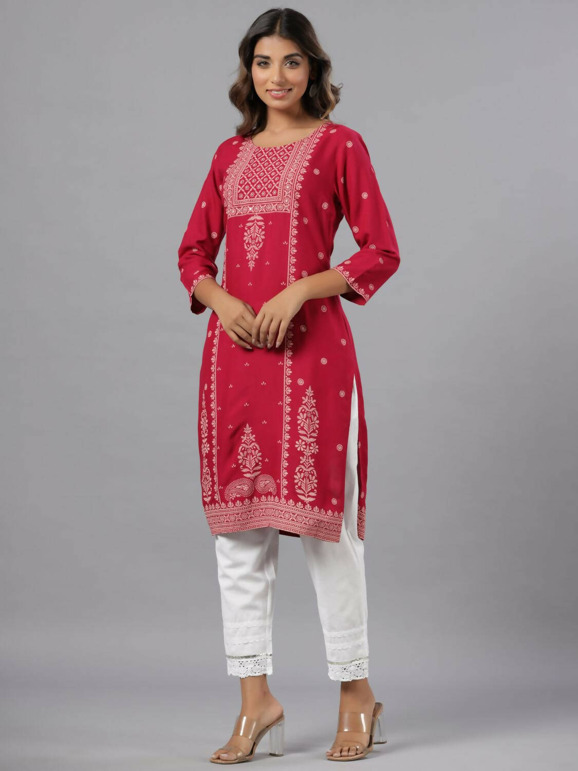 Juniper Women Fuchsia Rayon Printed Knee Length Straight Kurta - Distacart