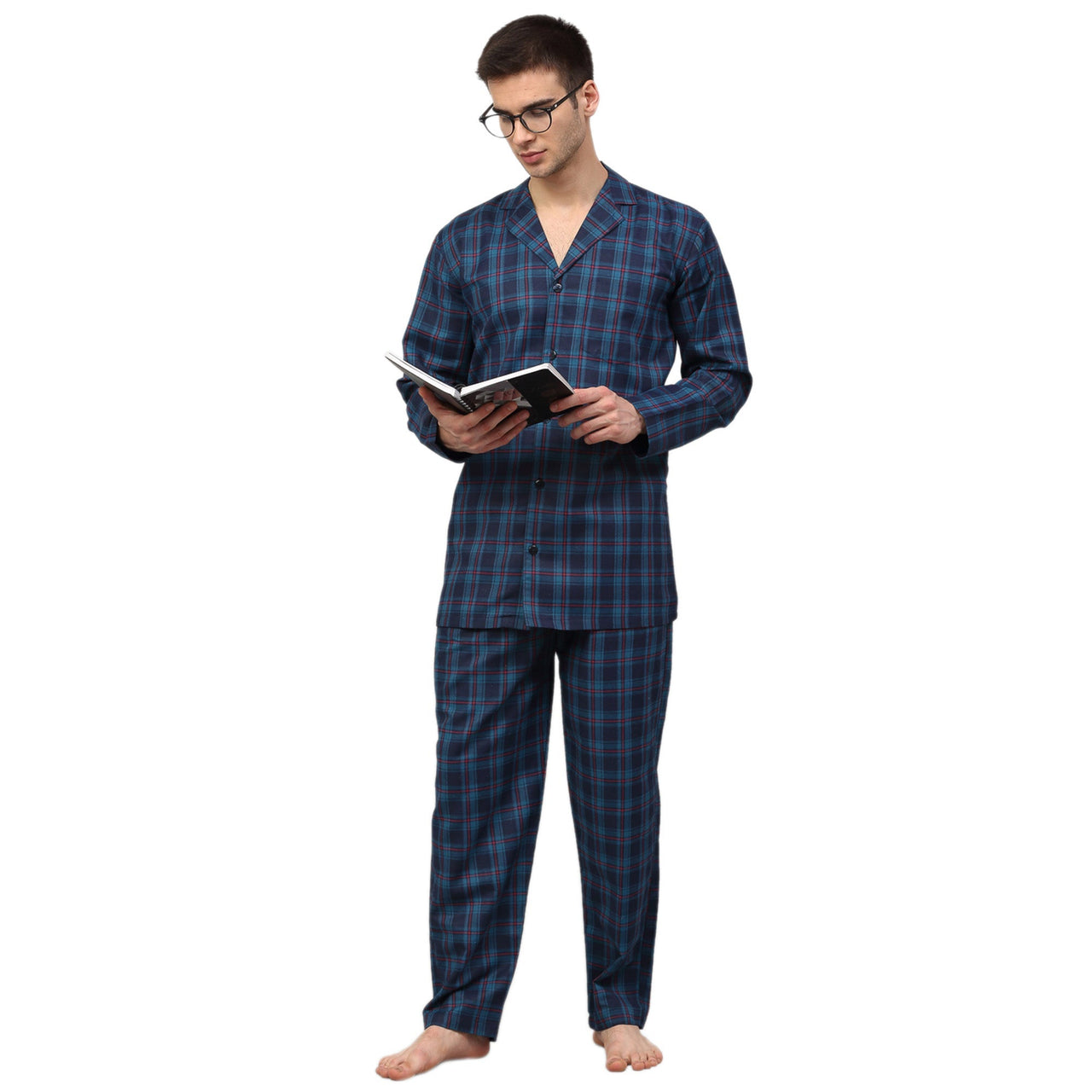 Jainish Men's Navy Blue Checked Night Suits ( GNS 001Navy ) - Distacart