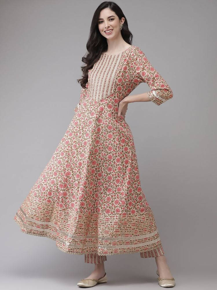 Yufta Women Pink Printed Kurta with Trouser and Dupatta Set